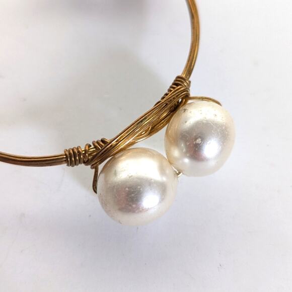 Bourbon and Bowties Boho Large Faux Pearl Gold Tone Wire Wrapped Bangle Bracelet - Picture 3 of 5